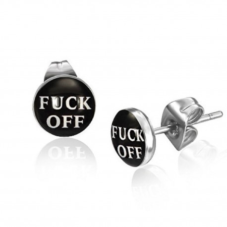 Cabochon Ohrstecker Logo "Fuck off" Schriftzug in Edelstahl eingefasst