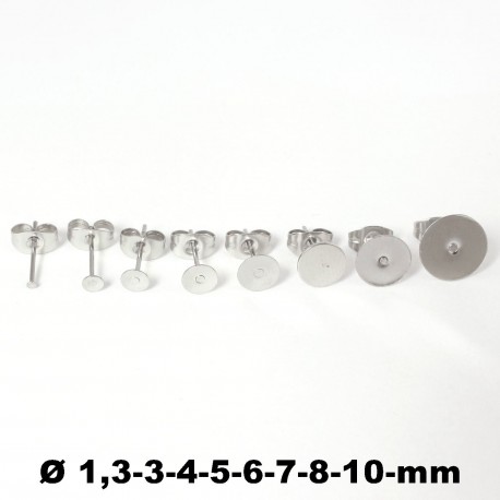 Ohrstecker Rohling flach rund + Ohrsteckerverschluss Edelstahl in 8 Größen