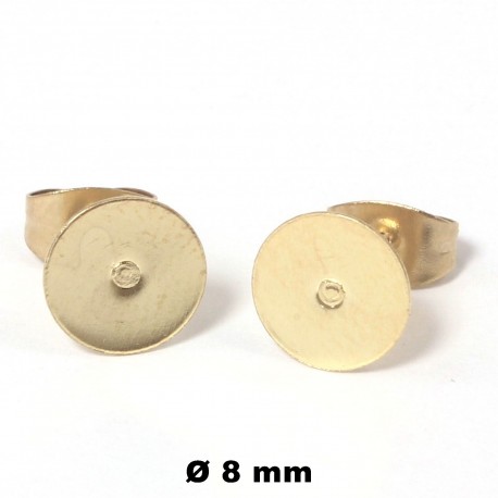 Ohrstecker Rohling 8 mm flach rund + Ohrsteckerverschluss Edelstahl vergoldet