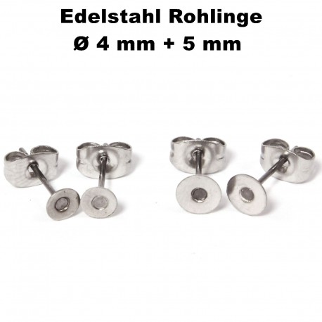 Ohrstecker Rohling Edelstahl flach Ø 4 + 5 mm + Ohrsteckerverschluss