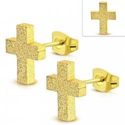 Ohrstecker Kreuz schlicht sandgestrahlt Edelstahl vergoldet
