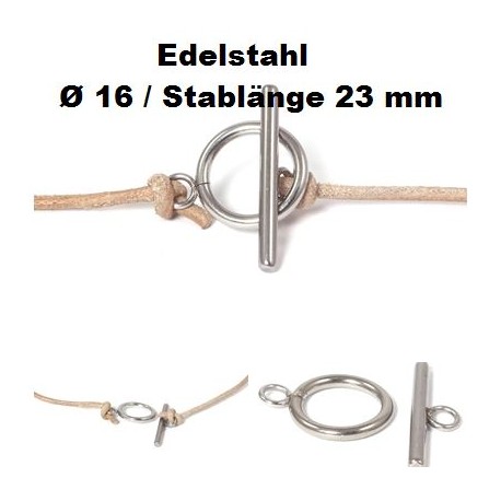 Knebelverschluss, Kettenverschluss, Edelstahl, Ring Ø 16 mm, Stab 23 mm